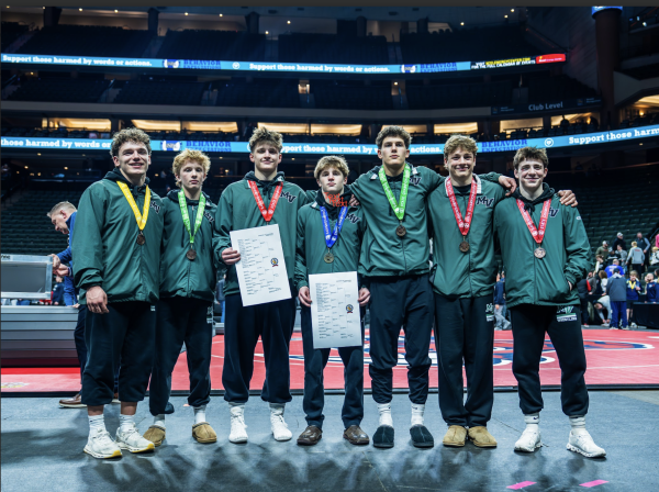 (L-R). Joey Muhlstein, Owen LaRose, Ethan Swenson, Brett Swenson, Colton Loween, Caden Grenier, Will Schnieder at state.